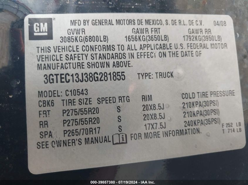 2008 GMC Sierra 1500 Sle2 VIN: 3GTEC13J38G281855 Lot: 39857380