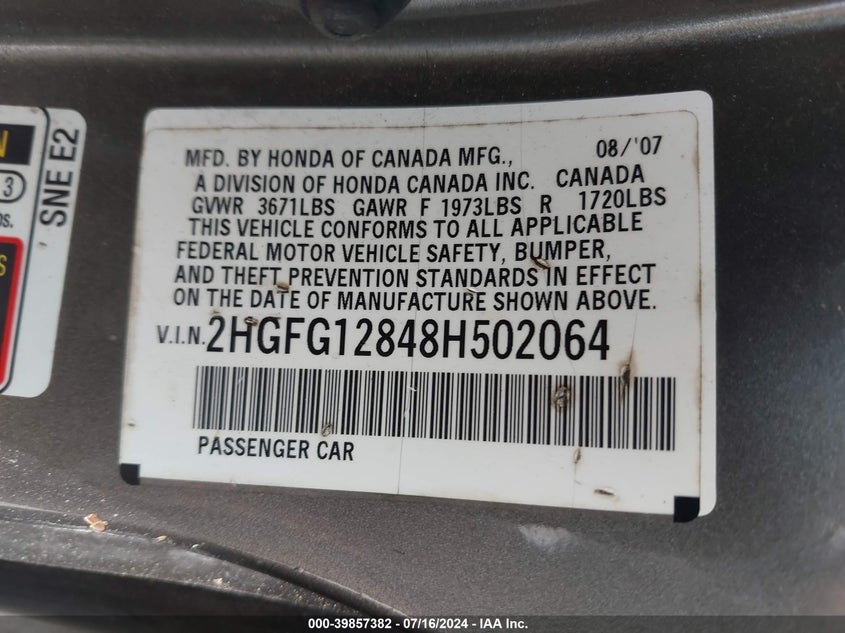 2008 Honda Civic Ex VIN: 2HGFG12848H502064 Lot: 39857382