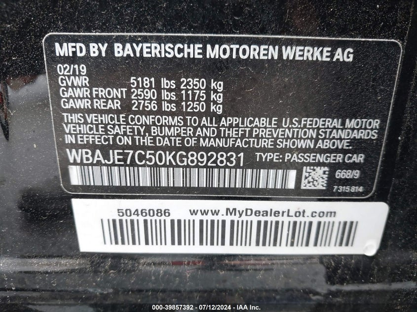 2019 BMW 540I XDRIVE - WBAJE7C50KG892831