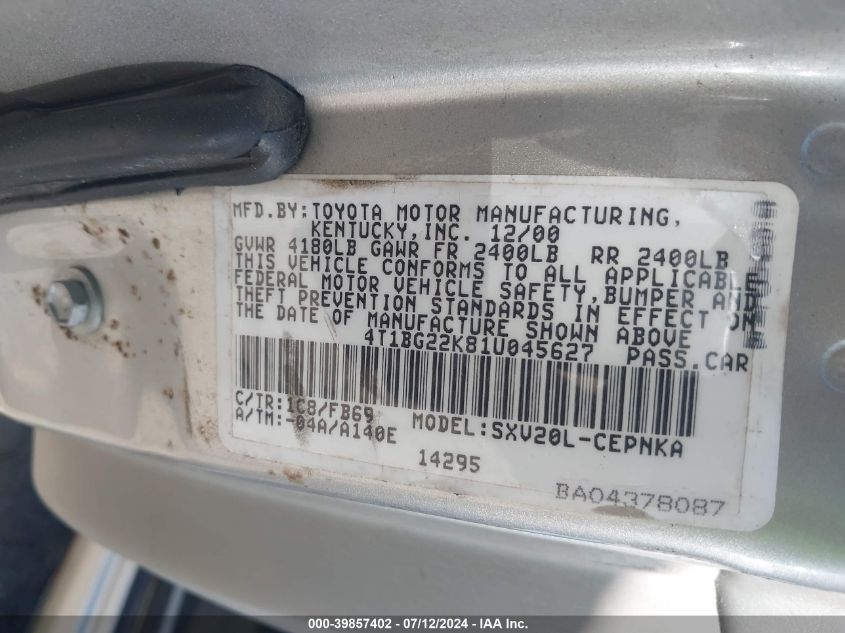 4T1BG22K81U045627 | 2001 TOYOTA CAMRY