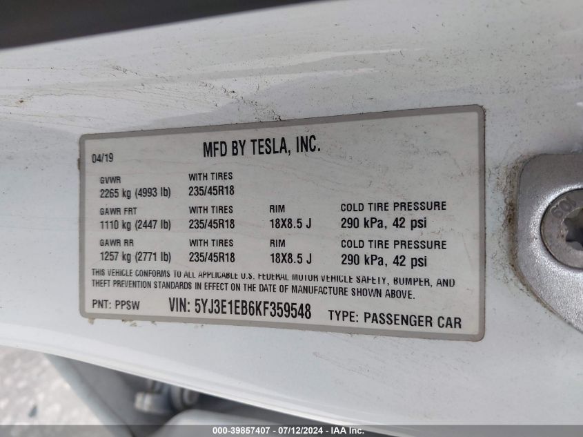 2019 TESLA MODEL 3 LONG RANGE/PERFORMANCE - 5YJ3E1EB6KF359548