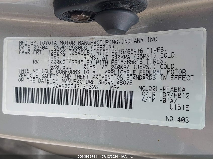 2004 Toyota Sienna Le VIN: 5TDZA23C64S131328 Lot: 39857411