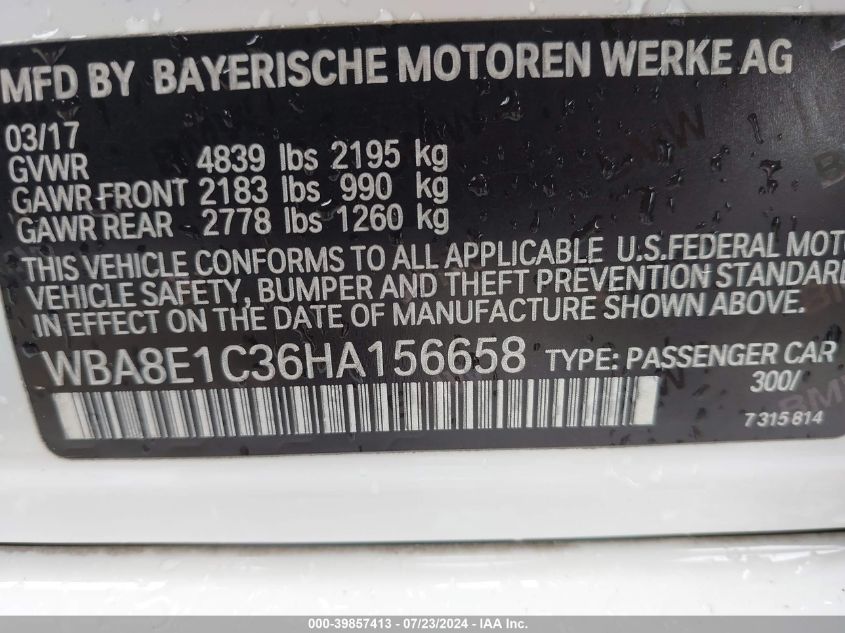 2017 BMW 330E Iperformance VIN: WBA8E1C36HA156658 Lot: 39857413