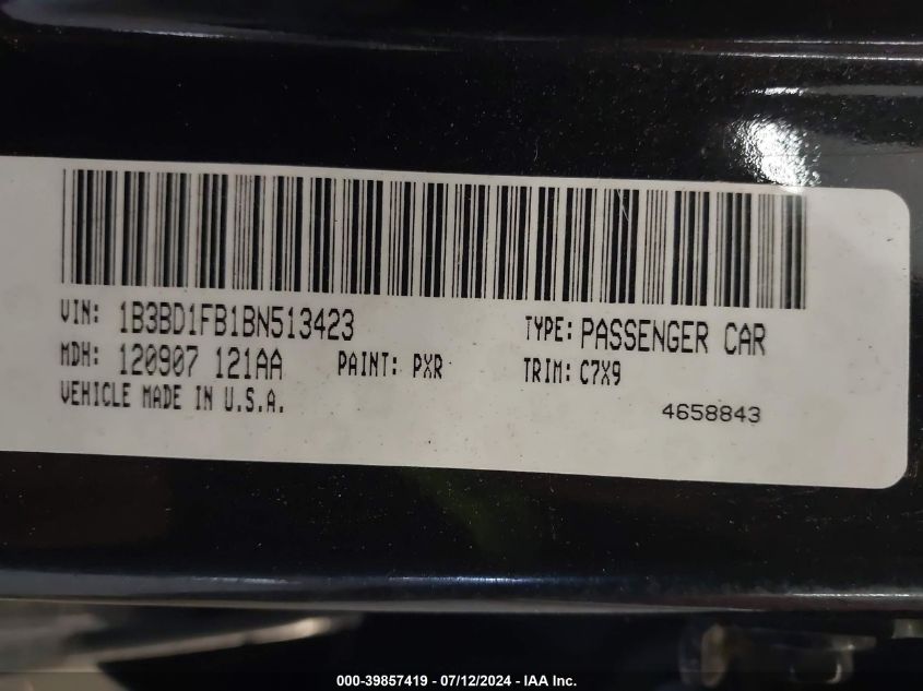 2011 Dodge Avenger Mainstreet VIN: 1B3BD1FB1BN513423 Lot: 39857419