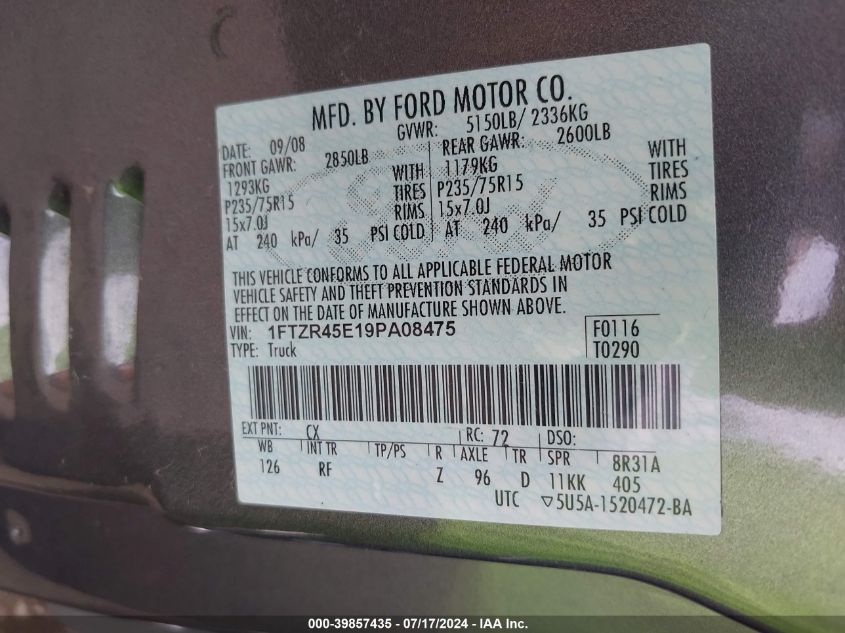 2009 Ford Ranger Fx4 Off-Road/Sport/Xlt VIN: 1FTZR45E19PA08475 Lot: 39857435