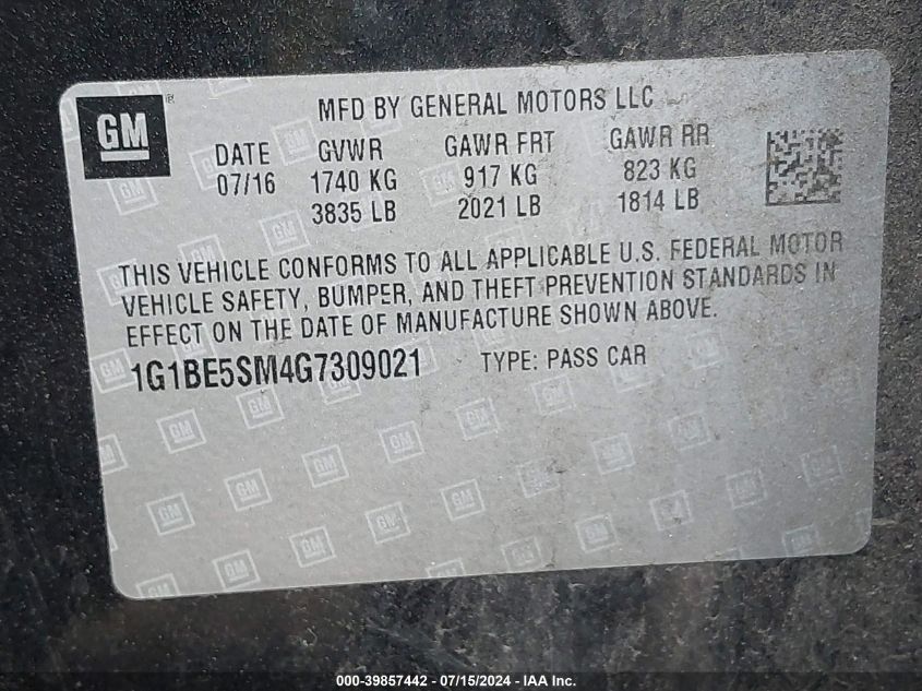 2016 Chevrolet Cruze Lt Auto VIN: 1G1BE5SM4G7309021 Lot: 39857442