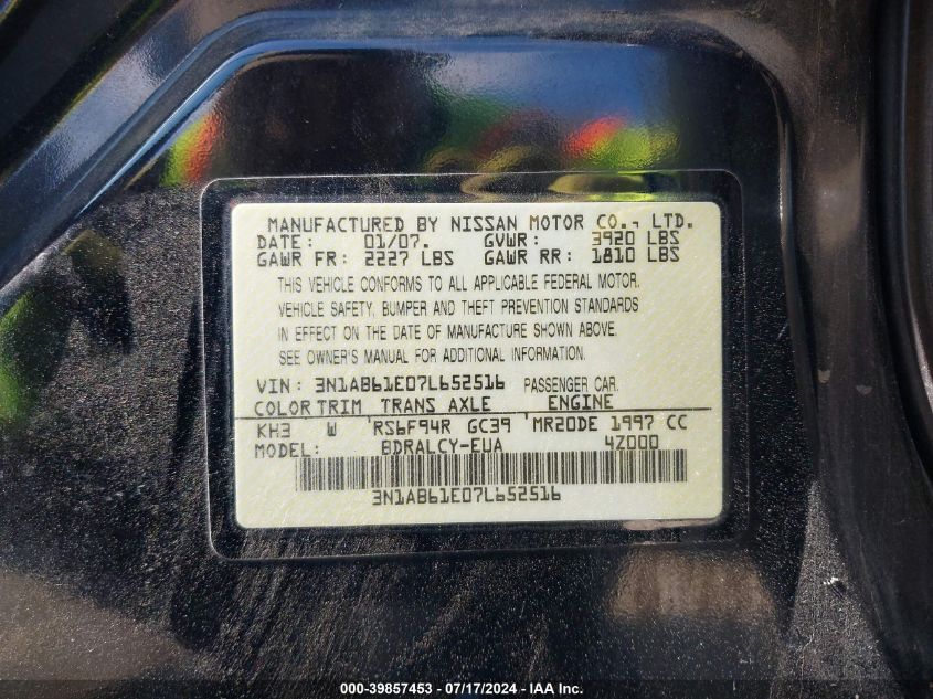 2007 Nissan Sentra 2.0/2.0S/2.0Sl VIN: 3N1AB61E07L652516 Lot: 39857453