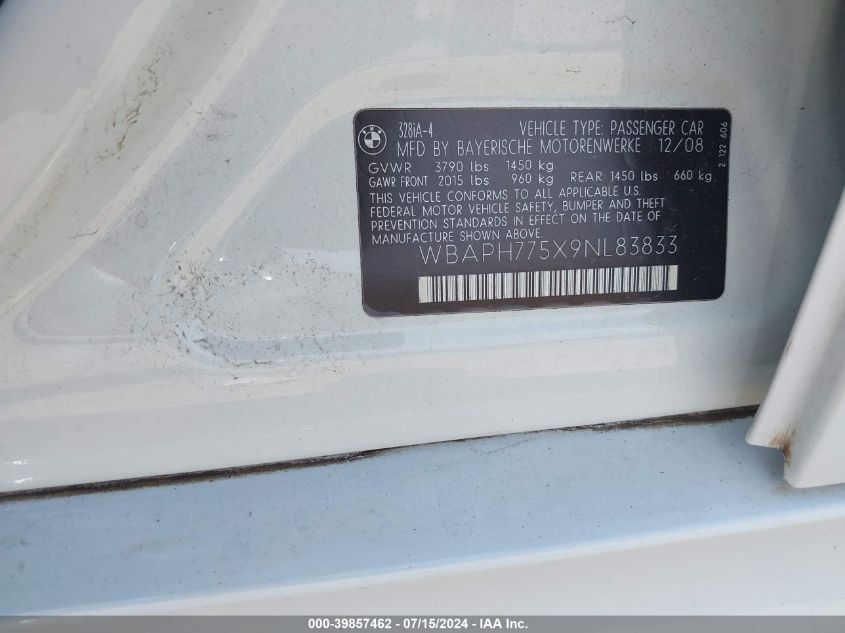 2009 BMW 328I VIN: WBAPH775X9NL83833 Lot: 39857462