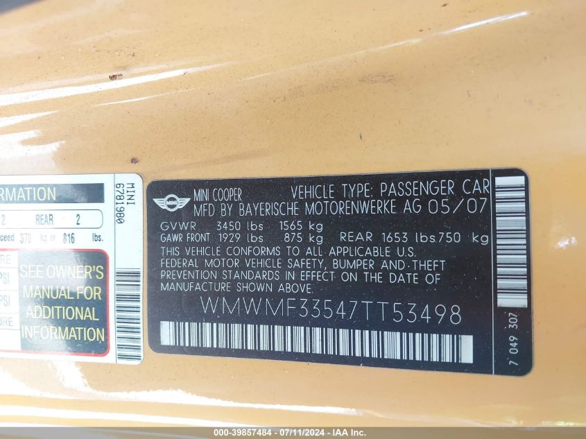 2007 Mini Cooper VIN: WMWMF33547TT53498 Lot: 39857484