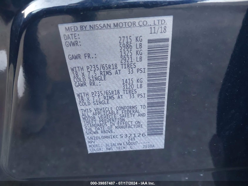VIN 5N1DL0MN1KC532126 2019 INFINITI QX60 PURE