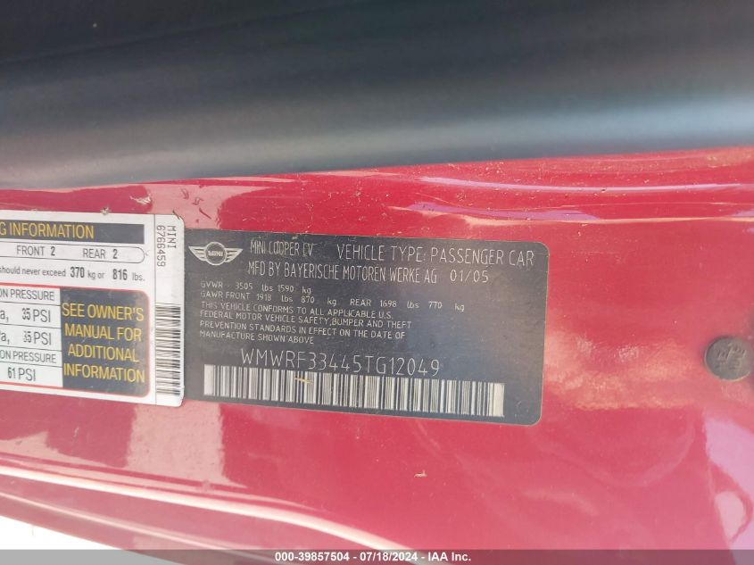 2005 Mini Cooper VIN: WMWRF33445TG12049 Lot: 39857504