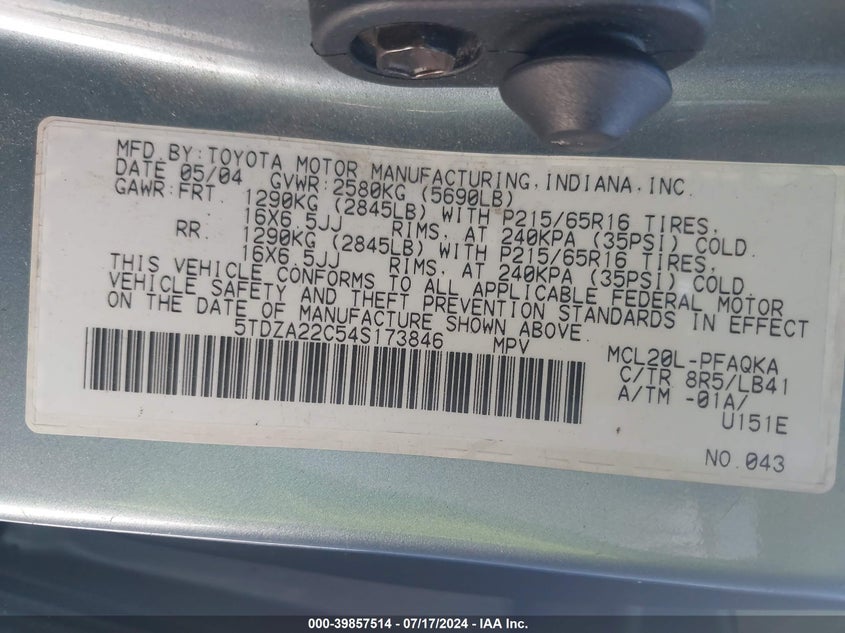 2004 Toyota Sienna Xle VIN: 5TDZA22C54S173846 Lot: 39857514