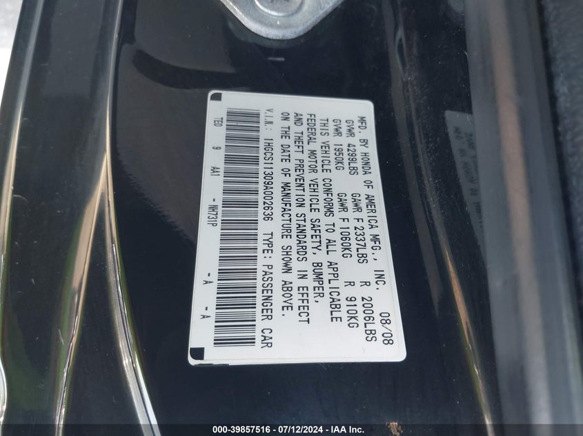 2009 Honda Accord 2.4 Lx-S VIN: 1HGCS11309A002636 Lot: 39857516