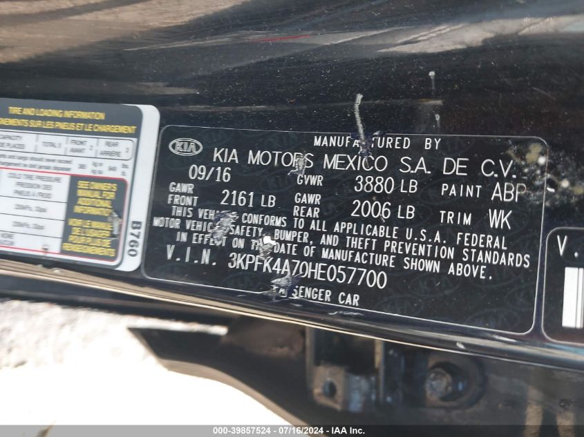 2017 Kia Forte Lx VIN: 3KPFK4A70HE057700 Lot: 39857524