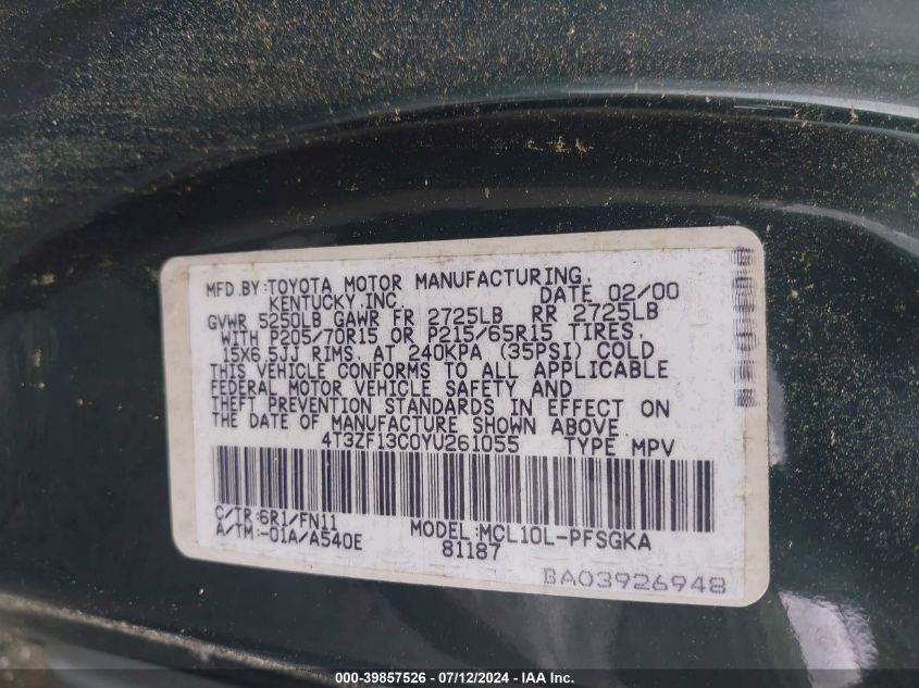 2000 Toyota Sienna Le VIN: 4T3ZF13C0YU261055 Lot: 39857526