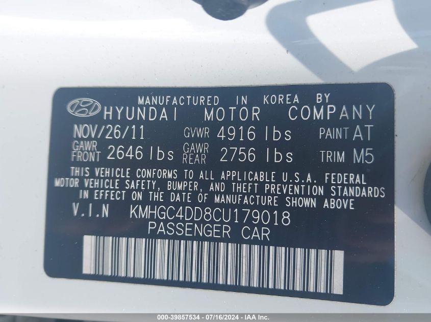 2012 Hyundai Genesis 3.8 VIN: KMHGC4DD8CU179018 Lot: 39857534