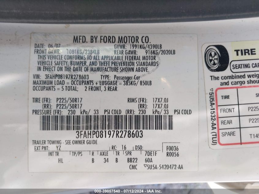 2007 Ford Fusion Sel VIN: 3FAHP08197R278603 Lot: 39857540