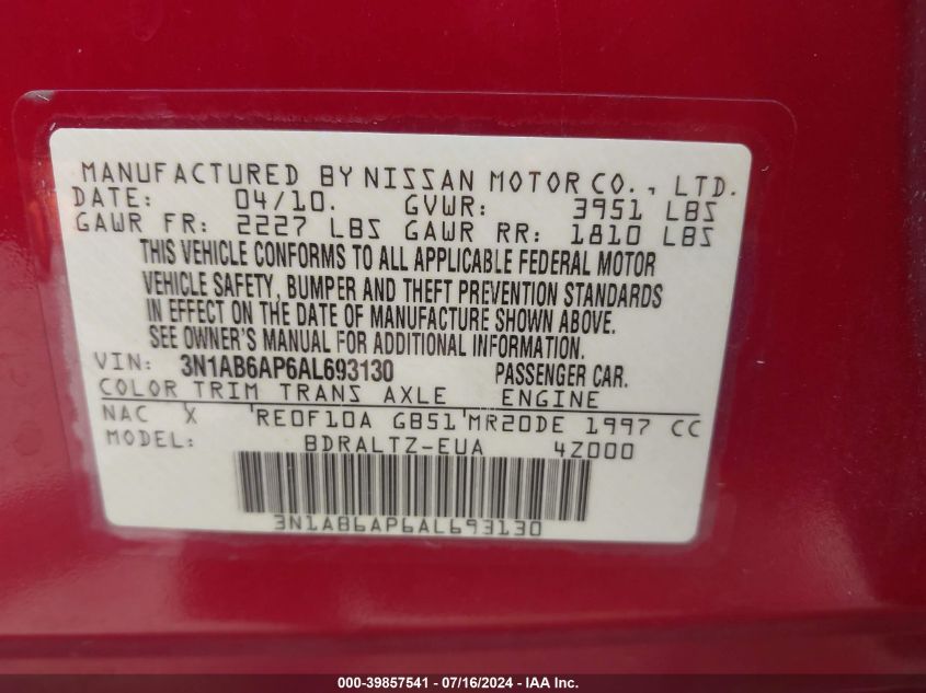 2010 Nissan Sentra 2.0/2.0S/Sr/2.0Sl VIN: 3N1AB6AP6AL693130 Lot: 39857541