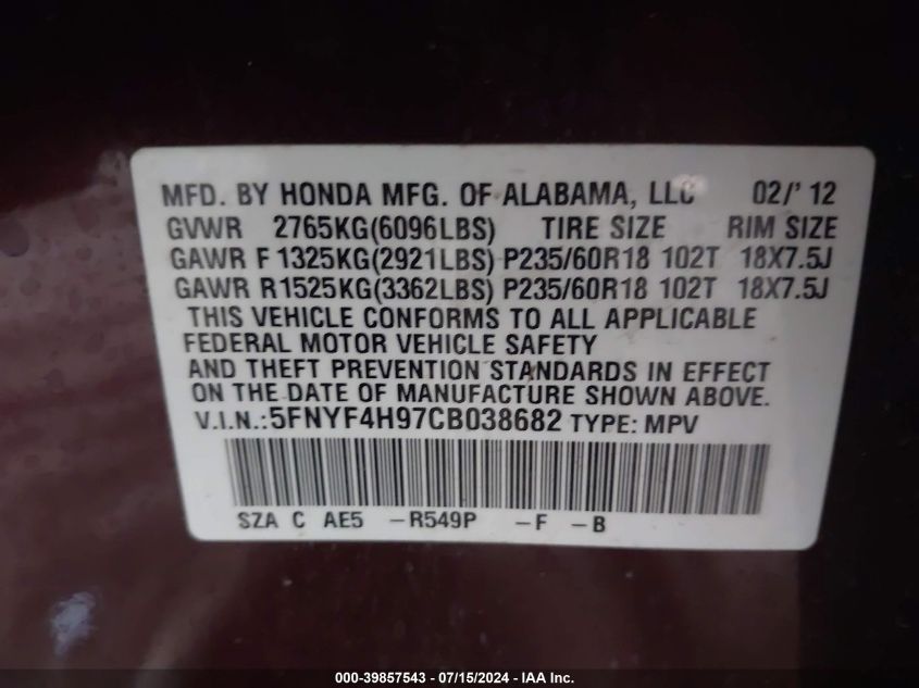 2012 Honda Pilot Touring VIN: 5FNYF4H97CB038682 Lot: 39857543