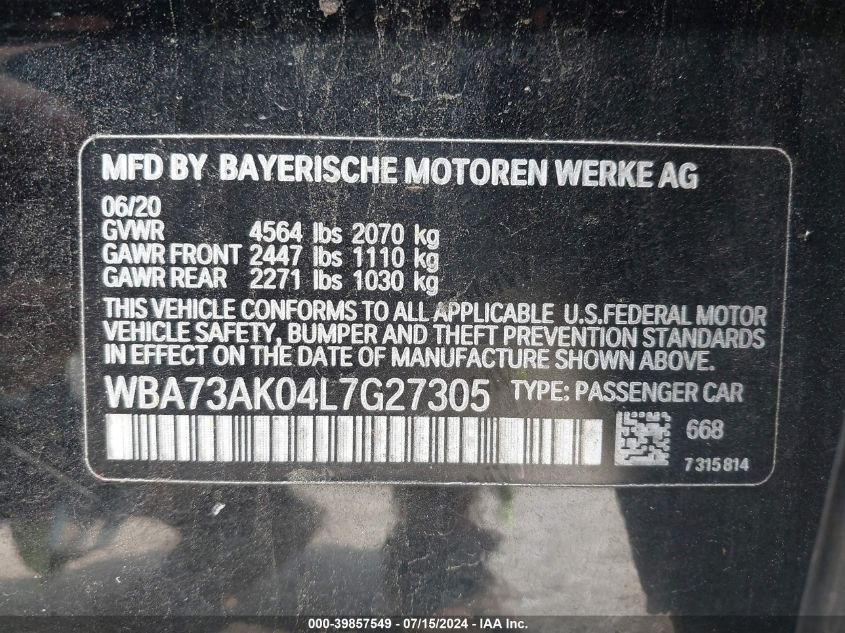 2020 BMW 228I Gran Coupe xDrive VIN: WBA73AK04L7G27305 Lot: 39857549