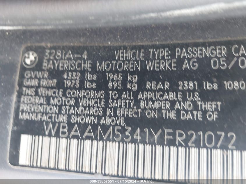 2000 BMW 328I VIN: WBAAM5341YFR21072 Lot: 39857551