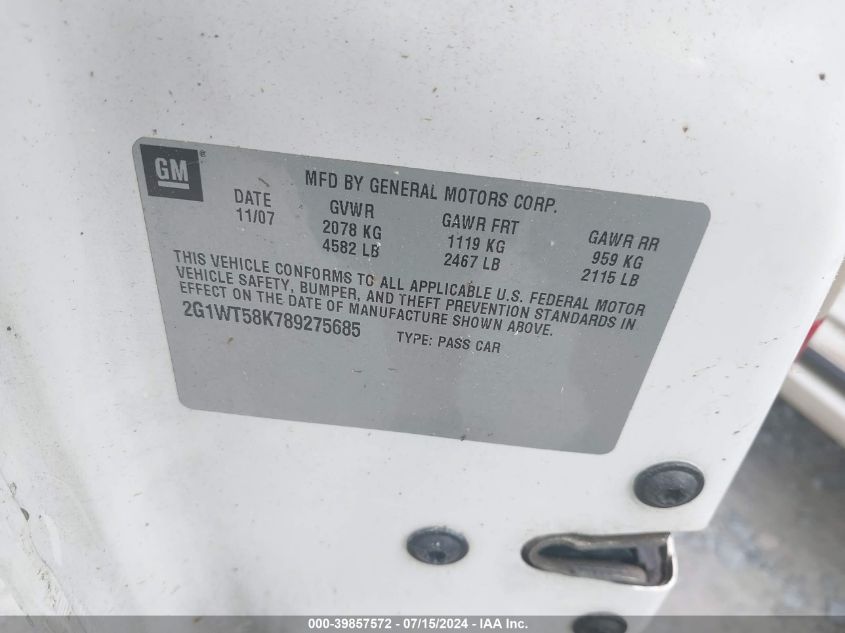 2008 Chevrolet Impala Lt VIN: 2G1WT58K789275685 Lot: 39857572
