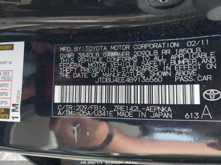 2011 Toyota Corolla Le VIN: JTDBU4EE4B9136560 Lot: 39857578