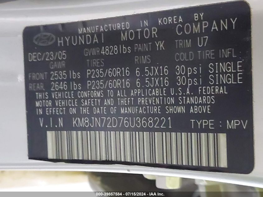 KM8JN72D76U368221 2006 Hyundai Tucson Gls/Limited