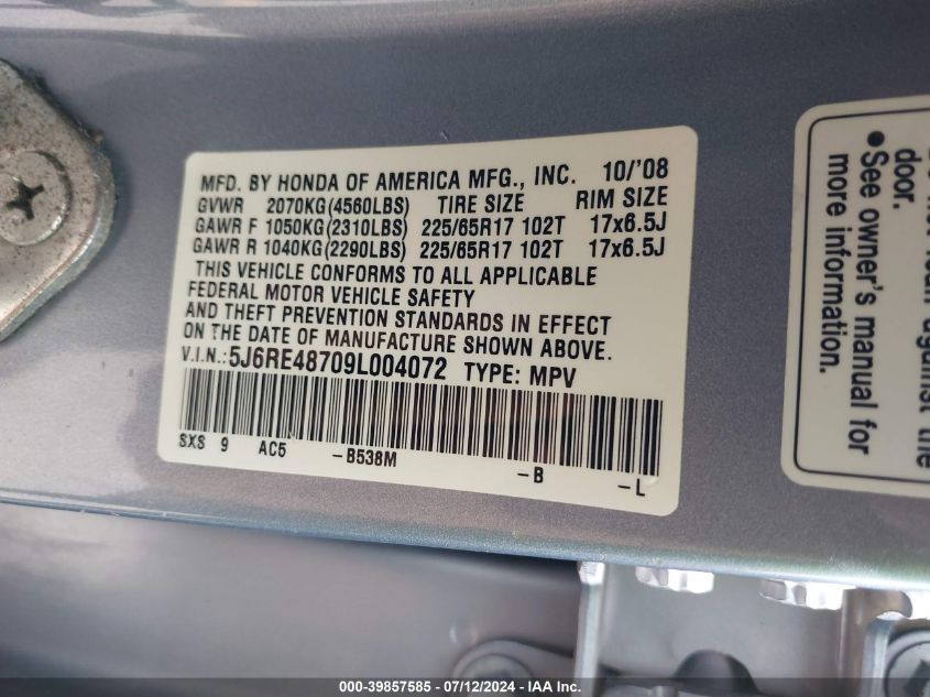 2009 Honda Cr-V Exl VIN: 5J6RE48709L004072 Lot: 39857585