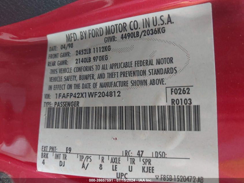 1998 Ford Mustang Gt VIN: 1FAFP42X1WF204812 Lot: 39857591