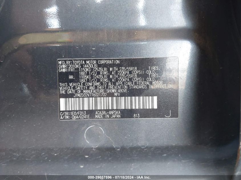 2007 Toyota Rav4 Sport VIN: JTMZD32V776021702 Lot: 39857596