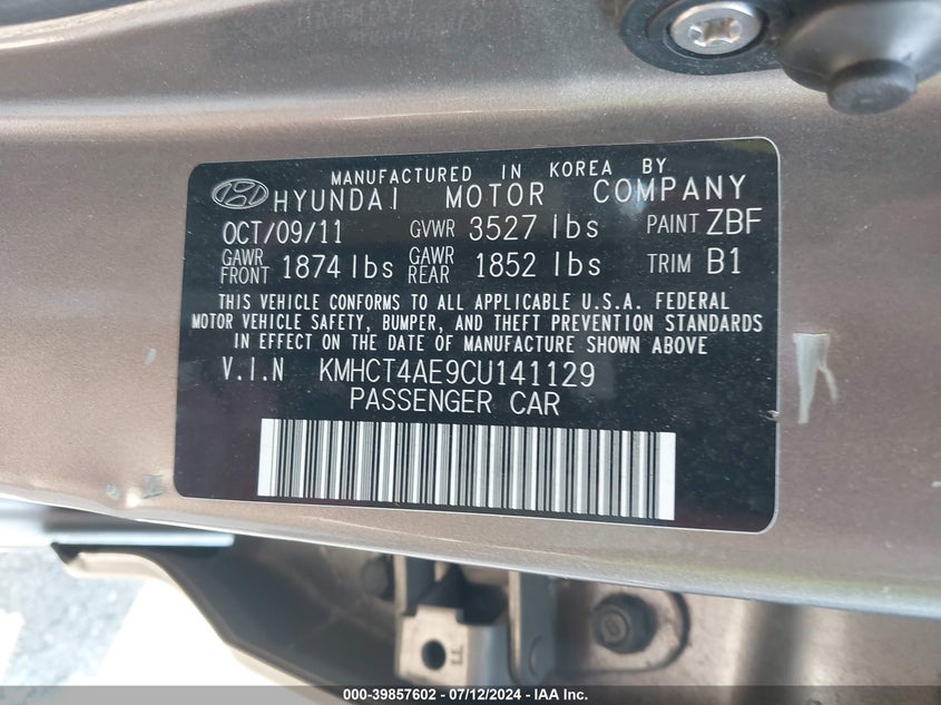 2012 Hyundai Accent Gls VIN: KMHCT4AE9CU141129 Lot: 39857602