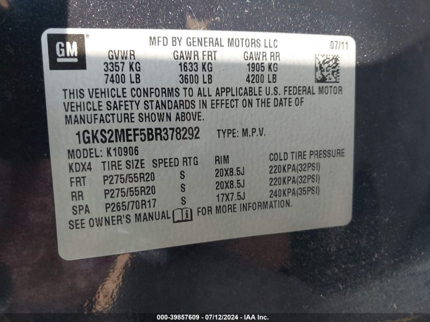 2011 GMC Yukon Xl 1500 Denali VIN: 1GKS2MEF5BR378292 Lot: 39857609