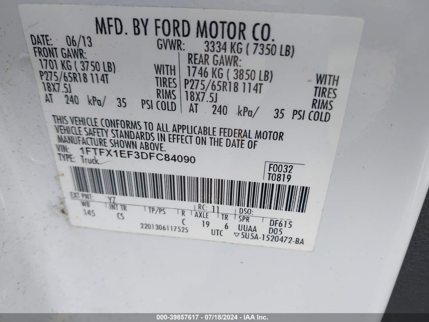 2013 Ford F-150 Stx VIN: 1FTFX1EF3DFC84090 Lot: 39857617