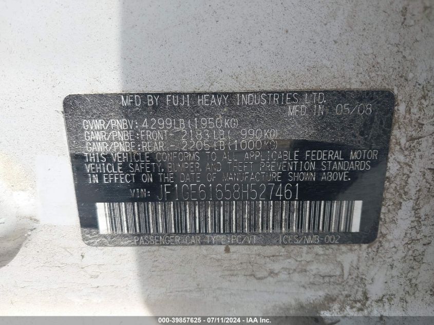 2008 Subaru Impreza 2.5I VIN: JF1GE61658H527461 Lot: 39857625