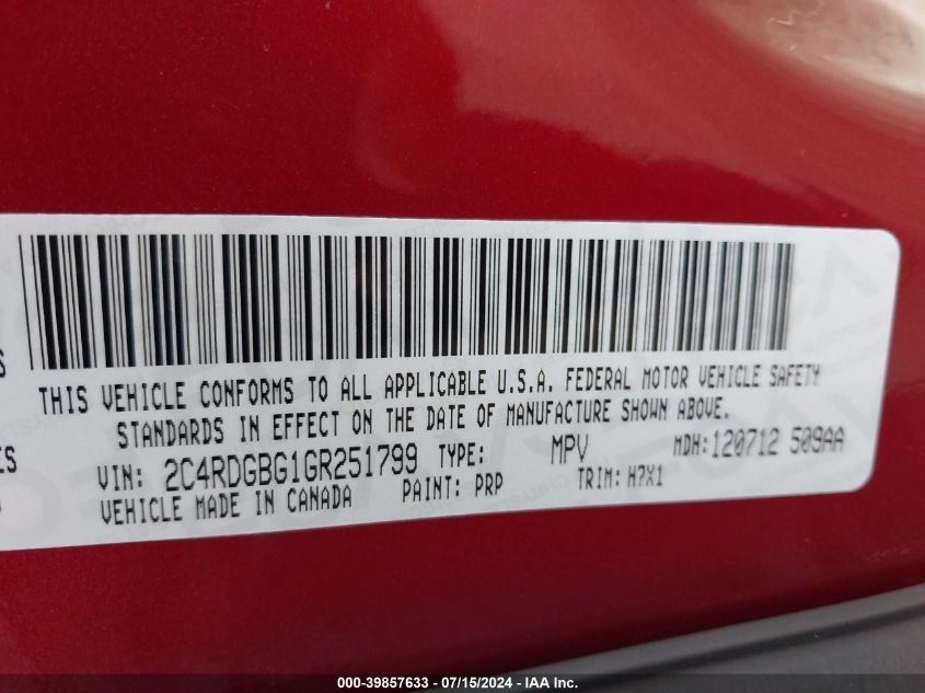 2016 Dodge Grand Caravan Se VIN: 2C4RDGBG1GR251799 Lot: 39857633