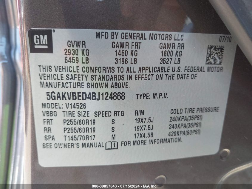 2011 Buick Enclave 1Xl VIN: 5GAKVBED4BJ124868 Lot: 39857643