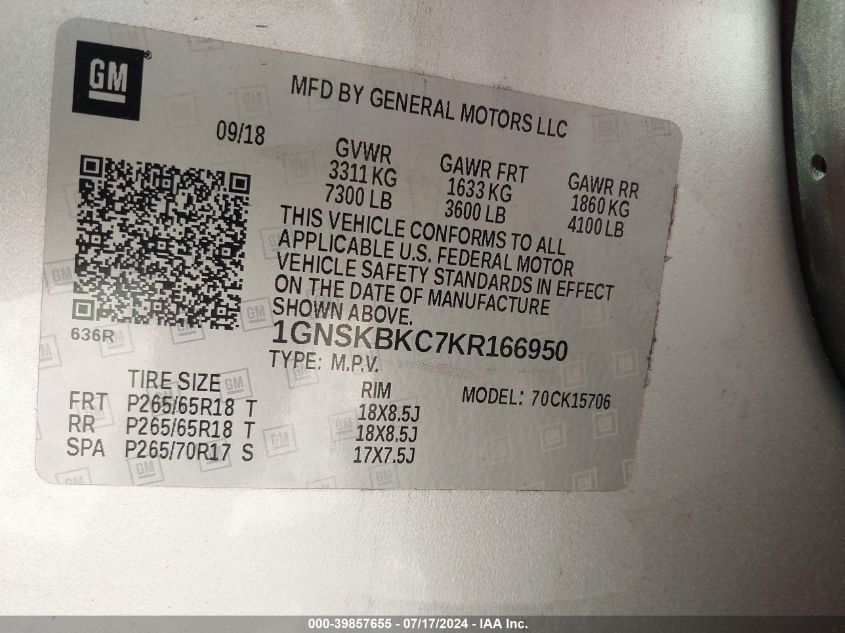 2019 Chevrolet Tahoe Lt VIN: 1GNSKBKC7KR166950 Lot: 39857655