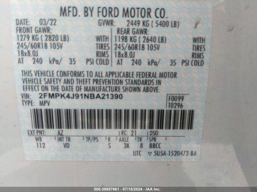 2022 Ford Edge Sel VIN: 2FMPK4J91NBA21390 Lot: 39857661