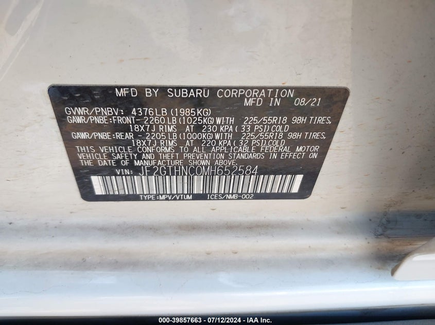 VIN JF2GTHNC0MH652584 2021 SUBARU CROSSTREK LIMITED