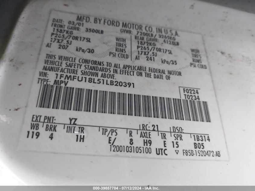 2001 Ford Expedition Eddie Bauer VIN: 1FMFU18L51LB20391 Lot: 39857704