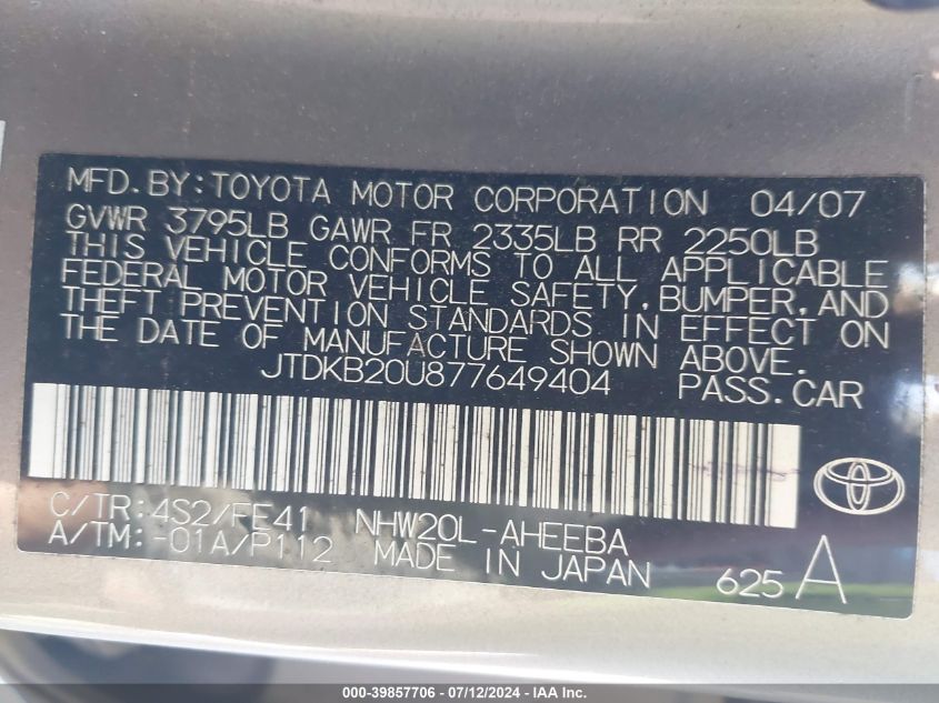 2007 Toyota Prius VIN: JTDKB20U877649404 Lot: 39857706