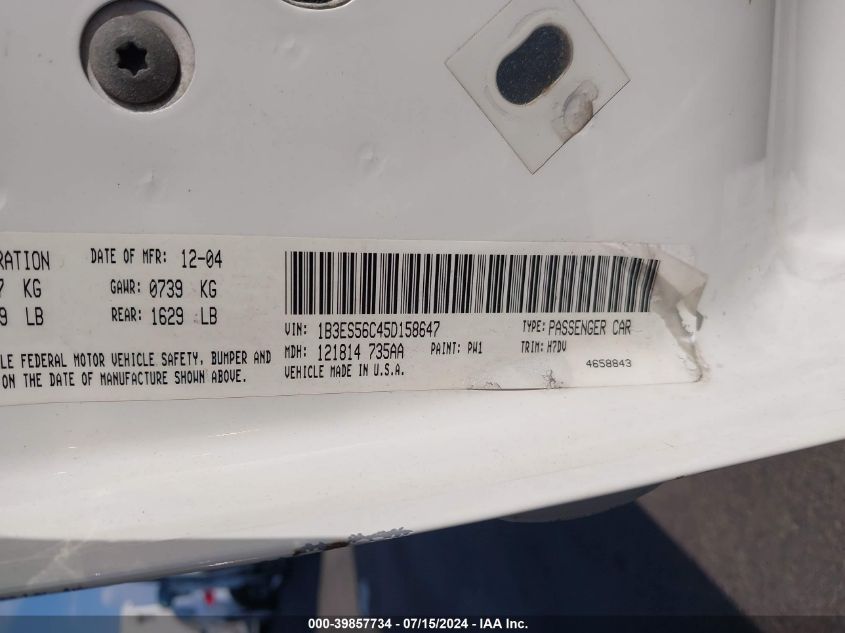 2005 Dodge Neon Sxt VIN: 1B3ES56C45D158647 Lot: 39857734