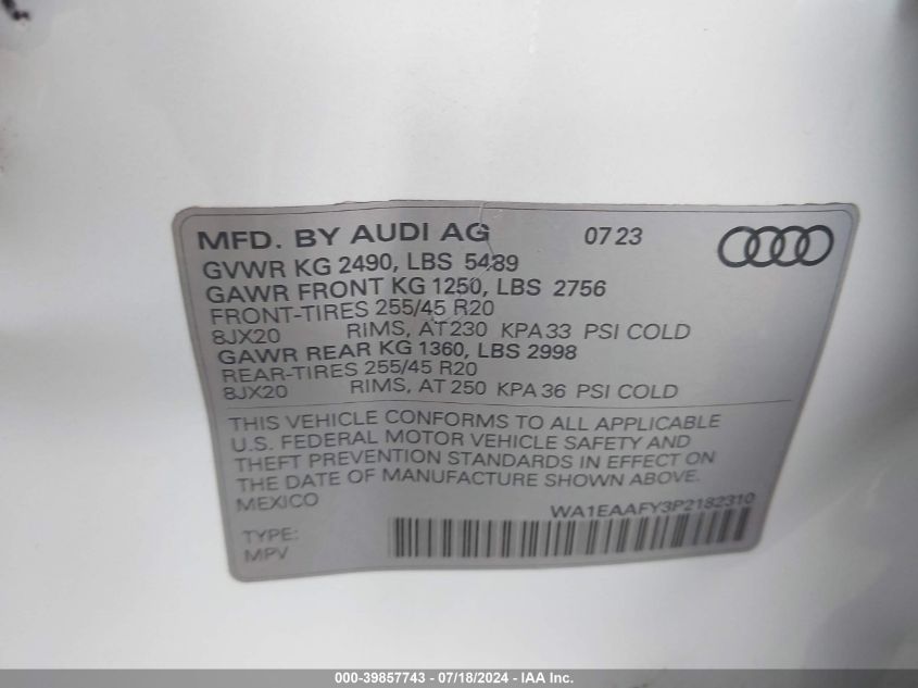 2023 Audi Q5 Premium Plus 45 Tfsi S Line Quattro VIN: WA1EAAFY3P2182310 Lot: 39857743