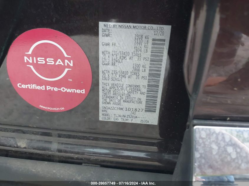 2021 Nissan Murano Sl VIN: 5N1AZ2CJ4MC101827 Lot: 39857749