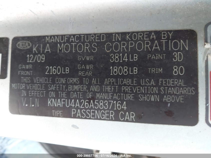 2010 Kia Forte Ex VIN: KNAFU4A26A5837164 Lot: 39857756