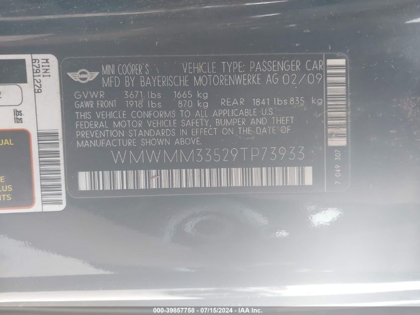 2009 Mini Cooper S Clubman VIN: WMWMM33529TP73933 Lot: 39857758