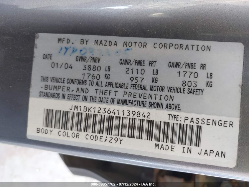 2004 Mazda Mazda3 S VIN: JM1BK123641139842 Lot: 39857762
