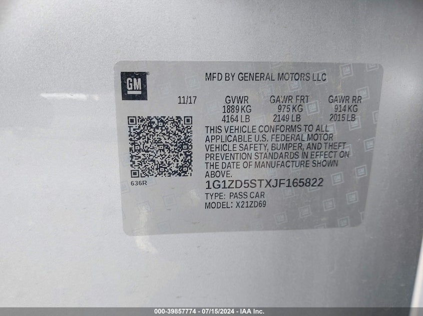 2018 Chevrolet Malibu Lt VIN: 1G1ZD5STXJF165822 Lot: 39857774