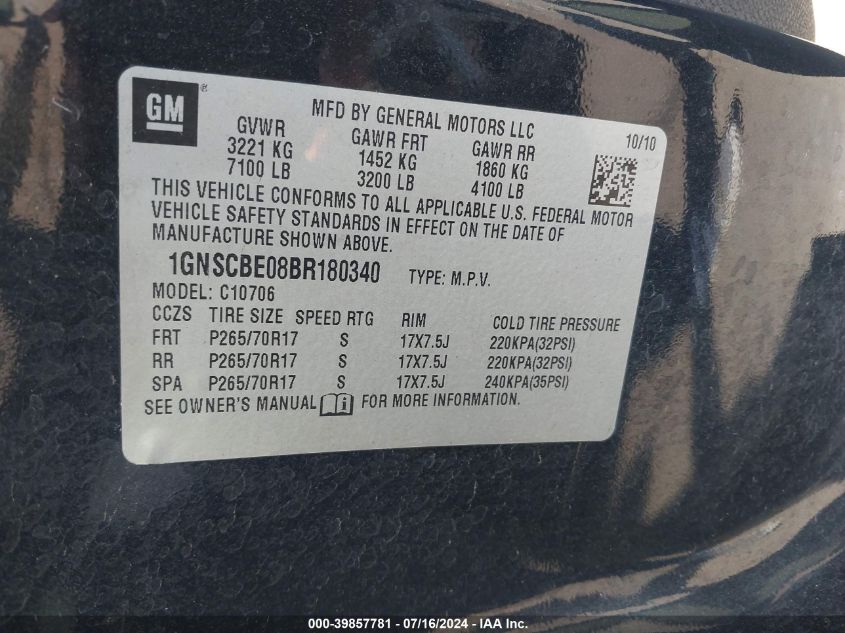 2011 Chevrolet Tahoe Lt VIN: 1GNSCBE08BR180340 Lot: 39857781